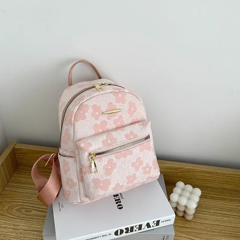 Floral Mini PU Backpack Small Capacity Multi Function PU Leather Double Shoulder School Travel Young Ladies Soft Sweet Bag-24