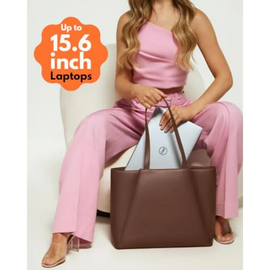 Work Tote Bags for Women 15.6 Inch - Laptop Tote Bag with Zip Compartments - Large PU Leather Office Purse Computer Briefcase