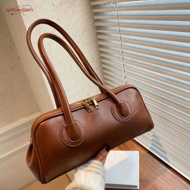 2025 New Boston Pillow Tote Women Real Leather Retro Bowling Bag Designer Handbag Large Capacity Crossbody Bags #54-32