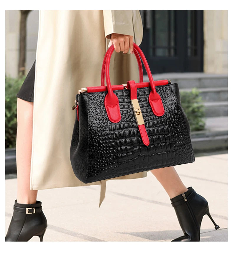New Croc Texture Cowhide Tote Bag Women Red Contrast Handle Metal Lock Adjustable Crossbody Daily Handbag-8