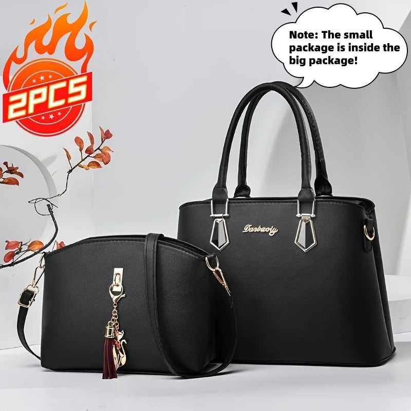 2Pcs Women Handbag Set Elegant Black PU Leather Large Capacity Tote Handbag Designer Small Crossbody Messenger Bag Ladies Wedding Party Shoulder Bags Gift For Women-1