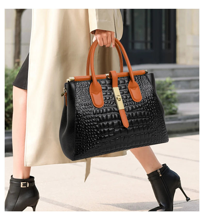 New Croc Pattern Cowhide Tote Bag Women Brown Contrast Handle Metal Lock Adjustable Crossbody Daily Handbag-8