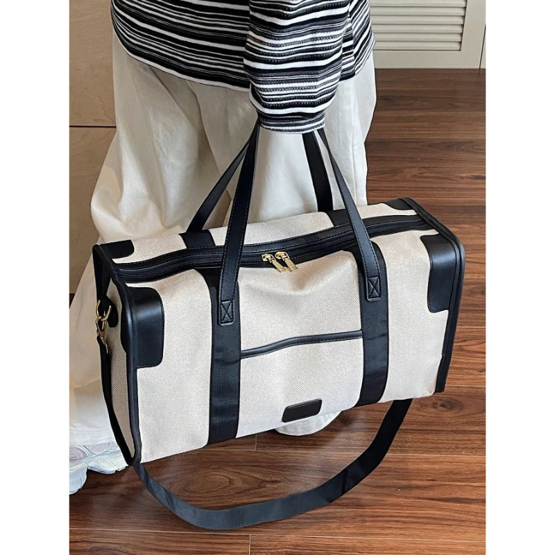 Large Duffel Bag Travel Contrast Color Boston Shoulder Bag Black Brown Beige for Luggage Suitcase-8