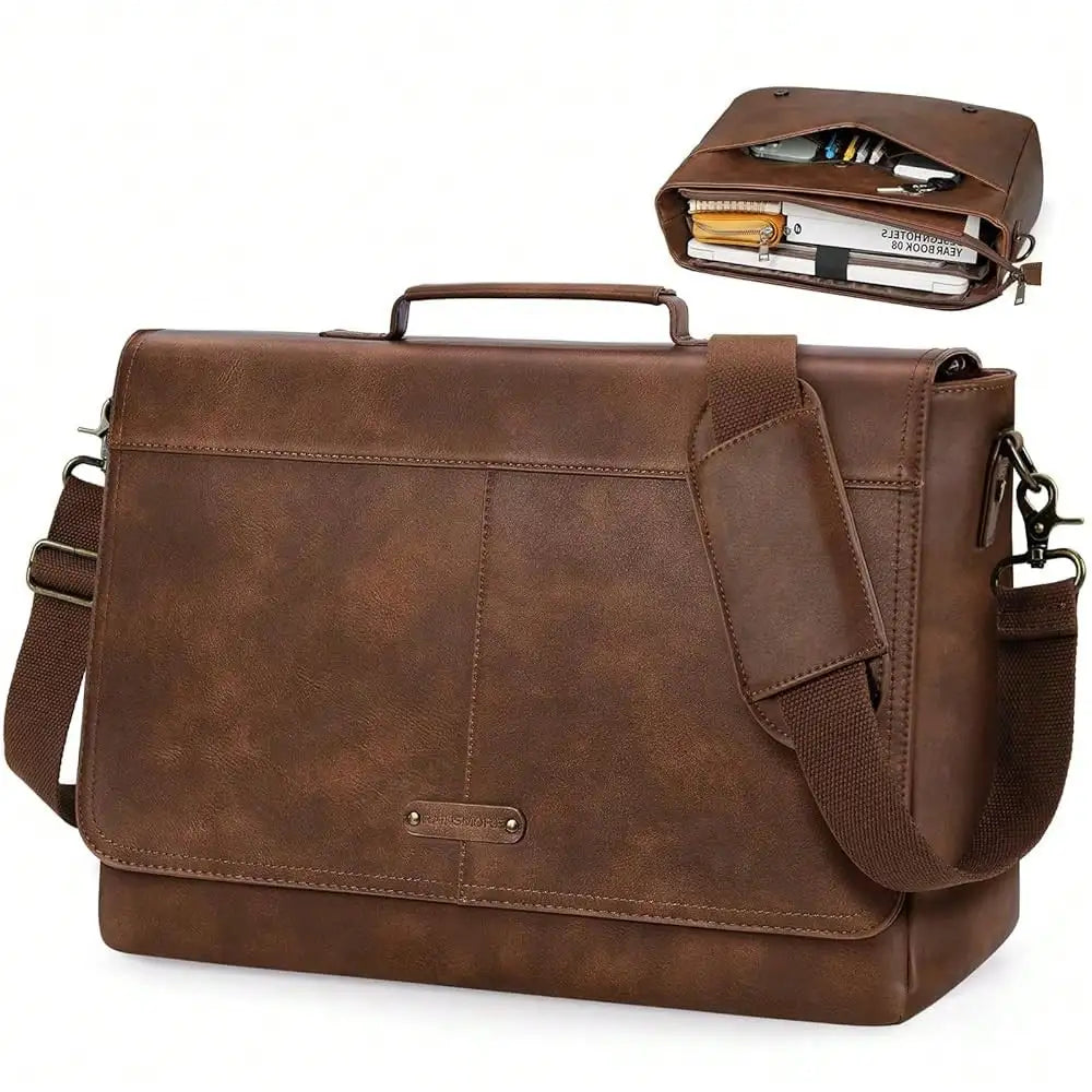 Vintage Flap Messenger Bag For Men PU Leather Laptop Bag 15.6 Inch Mens Briefcase Waterproof Satchel Computer Bag-13