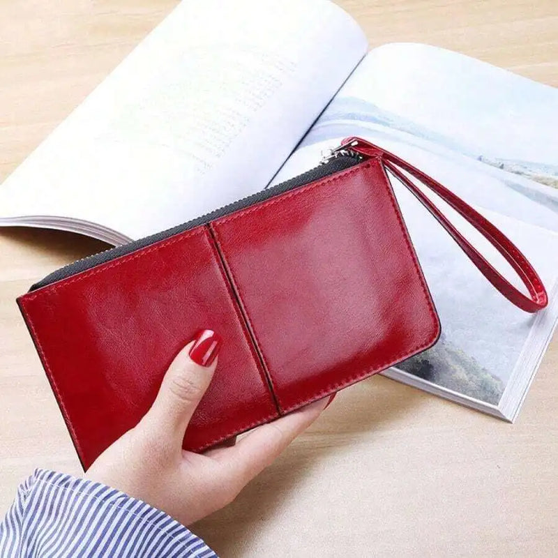 Women Vintage Oil Wax Leather Zipper Clutch Wristlet Wallet Large Capacity Card Holder-6