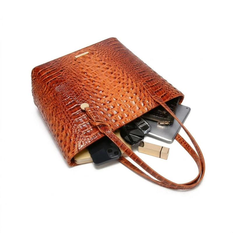 Glossy Croc Embossed Tote Bag with Detachable Wristlet Set, Large Capacity Shoulder Tote for Work Travel Beach Outdoor Activitie-3