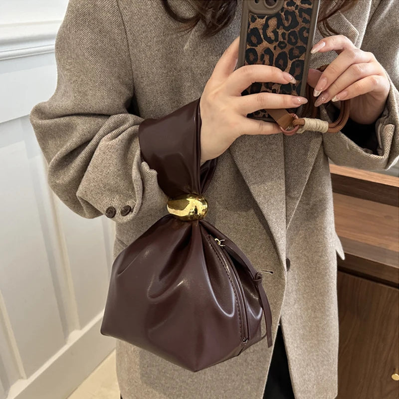 Design Mini PU Leather Dumpling Niche Clutch Bags for Women Fashion Knotted Female Retro Shoulder Bag Wrist Handbags and Purses-15