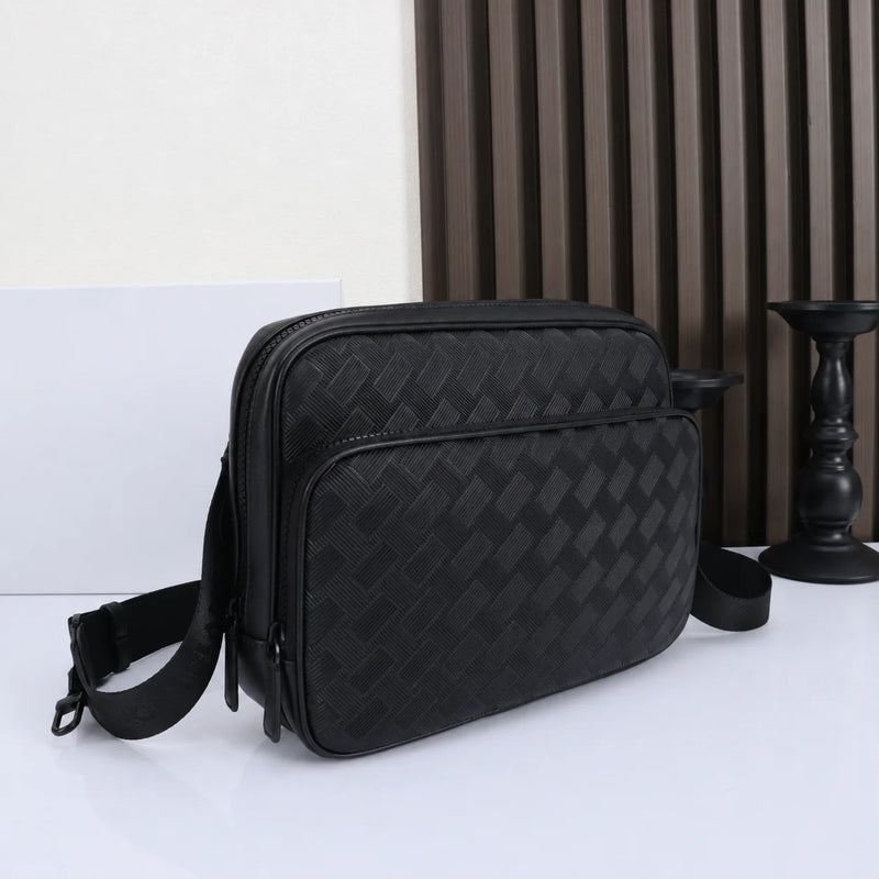 Luxury Designer Men's Mini Messenger Bag Genuine Leather Crossbody Shoulder Bag Woven Texture Business Casual Purse Black-2