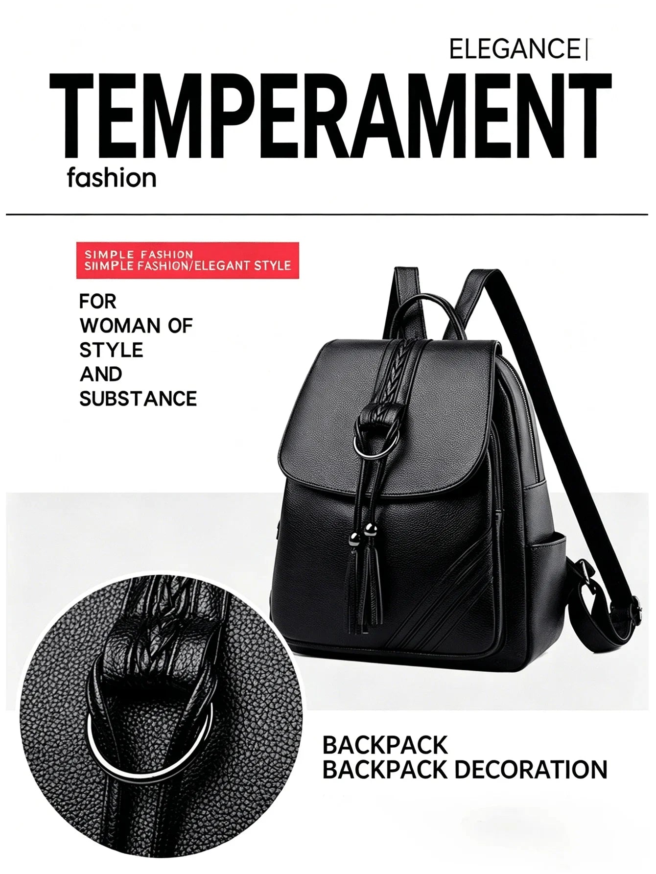 Elegant Faux Leather Womens Backpack With Tassel And Braided Detail-2