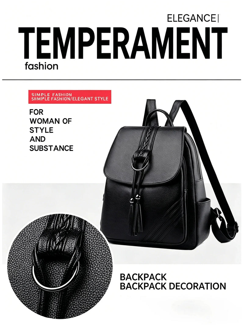 Elegant Faux Leather Womens Backpack With Tassel And Braided Detail-2