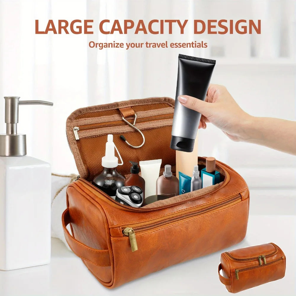 Brown PU Leather Travel Toiletry Bag, Single Handed with Metal Zipper Large Capacity Toiletry Bag 9.84x5.1x5.1inches Portable Personal Care Bag Ideal Gift for Women Men in Festival Party-1