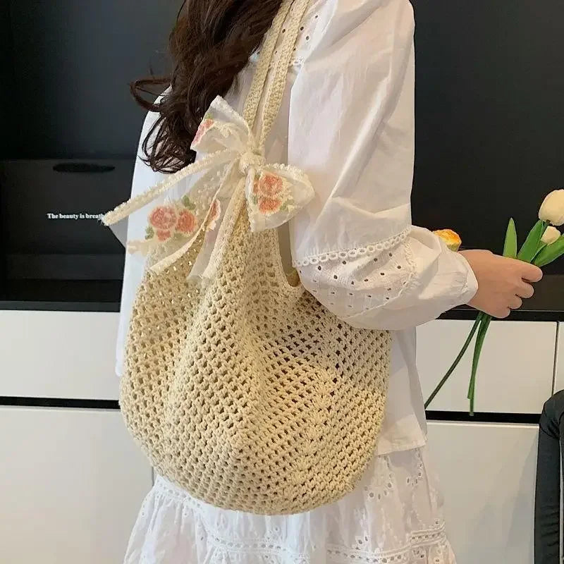 Handmade Wicker Tote Bag Large Capacity Single Shoulder Natural Rattan Casual Light Beach Vacation Daily Women Messenger Bag-14