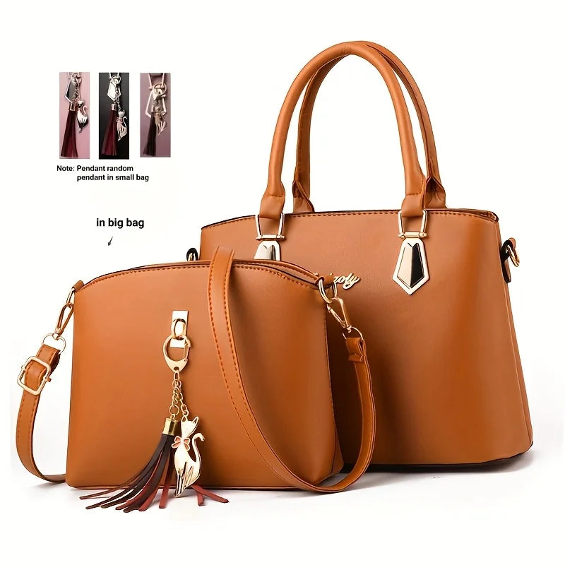 2Pcs Women Handbag Set Elegant Black PU Leather Large Capacity Tote Handbag Designer Small Crossbody Messenger Bag Ladies Wedding Party Shoulder Bags Gift For Women-12