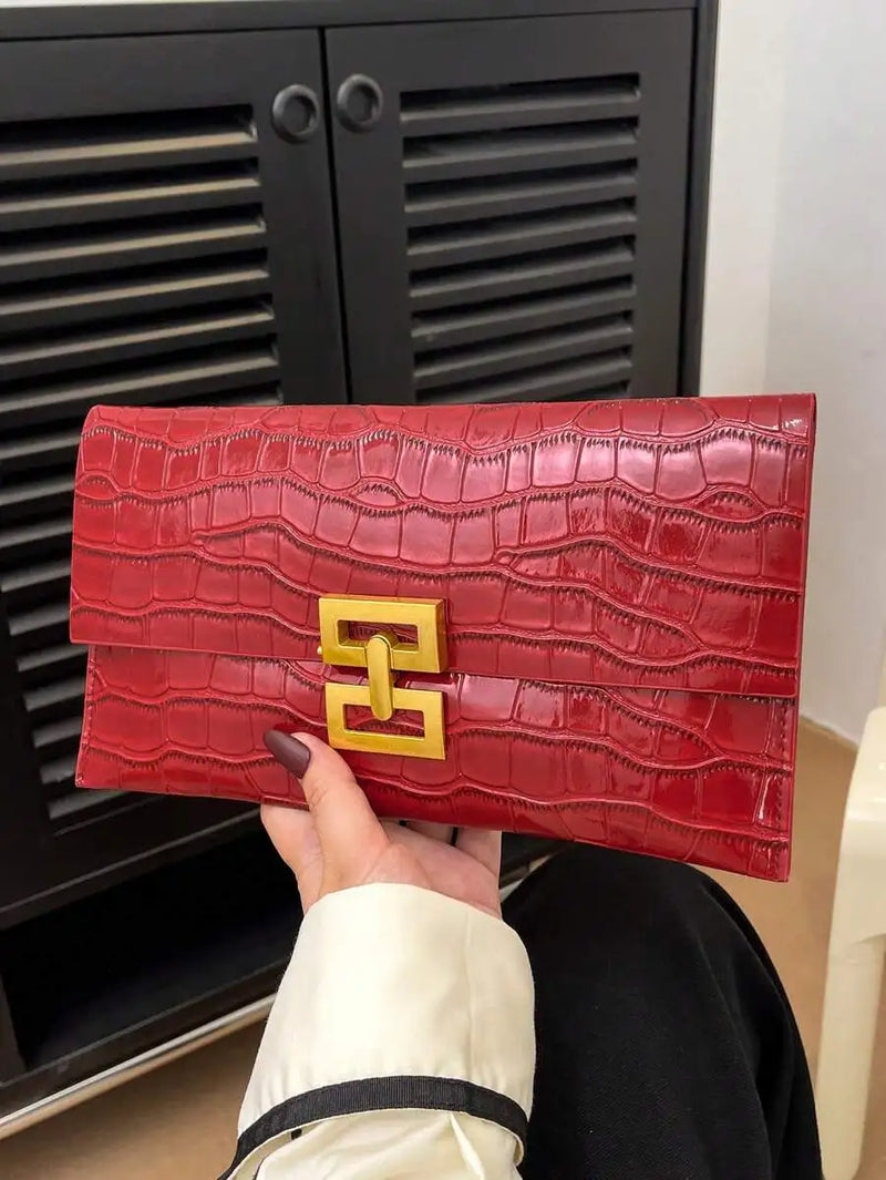 Red Crocodile Texture Clutch Bag With Gold Tone Lock Closure For Evening Party-1