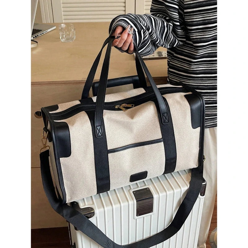 Large Duffel Bag Travel Contrast Color Boston Shoulder Bag Black Brown Beige for Luggage Suitcase-9