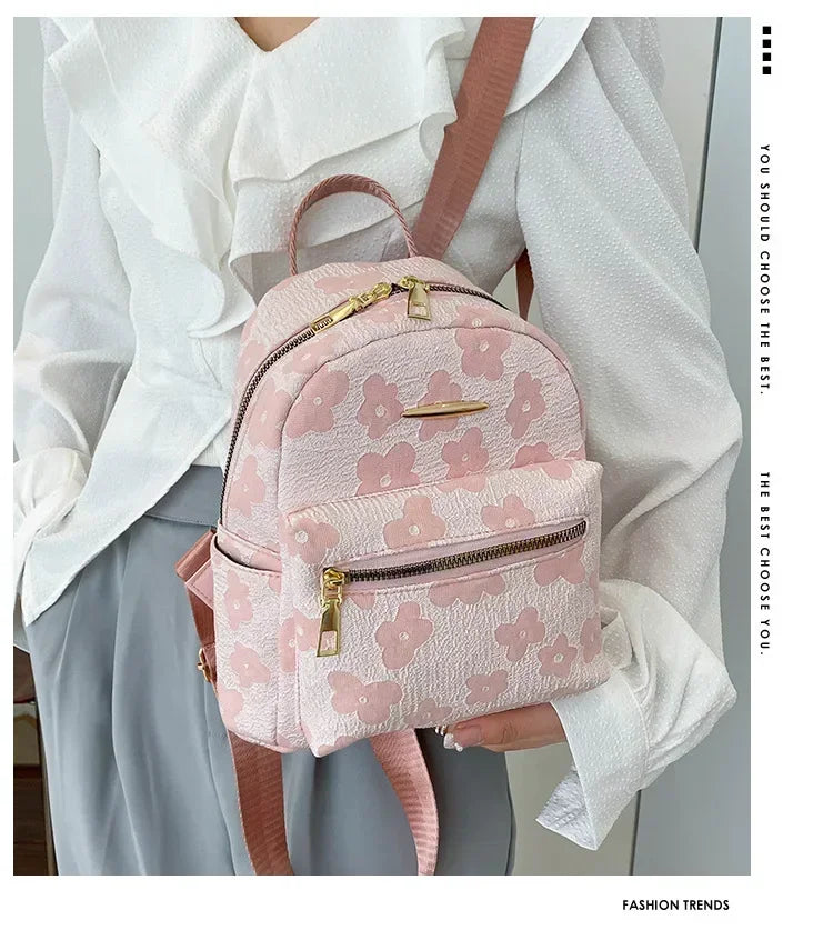 Floral Mini PU Backpack Small Capacity Multi Function PU Leather Double Shoulder School Travel Young Ladies Soft Sweet Bag-9