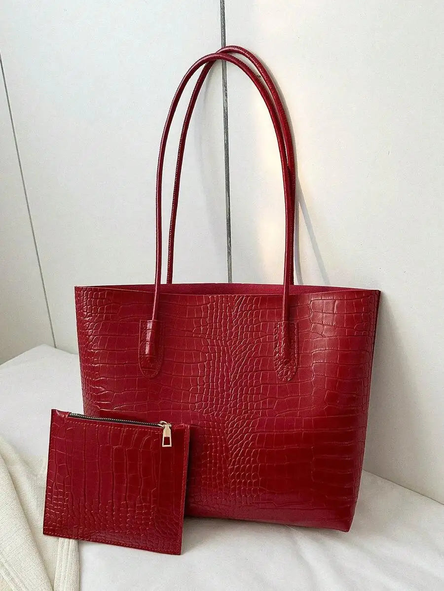 Lightweight Crocodile Embossed Tote Bag With Zipper Coin Purse For Women Business Casual Use-12