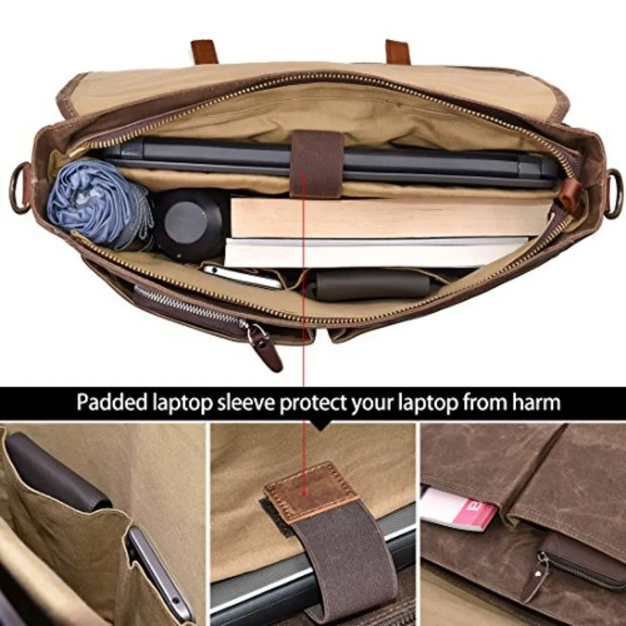 Mens Messenger Bag 15.6 Inch Waterproof Vintage Genuine Leather Waxed Canvas Briefcase Large Leather Computer Laptop Bag Rugged-4