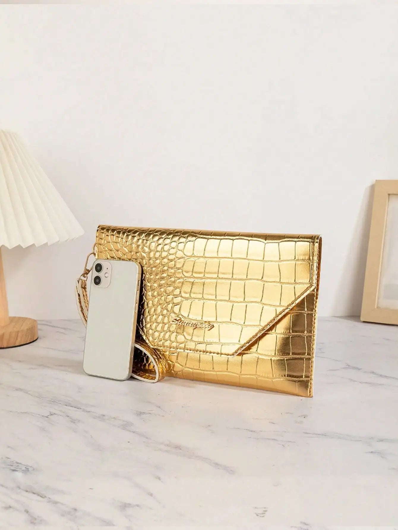 Gold Crocodile Texture Envelope Clutch for Women, Shiny Metal Bar Shoulder Strap, Fits Phones & Coins, Great for Dates, Commutes, Beach, Weddings & Parties-5