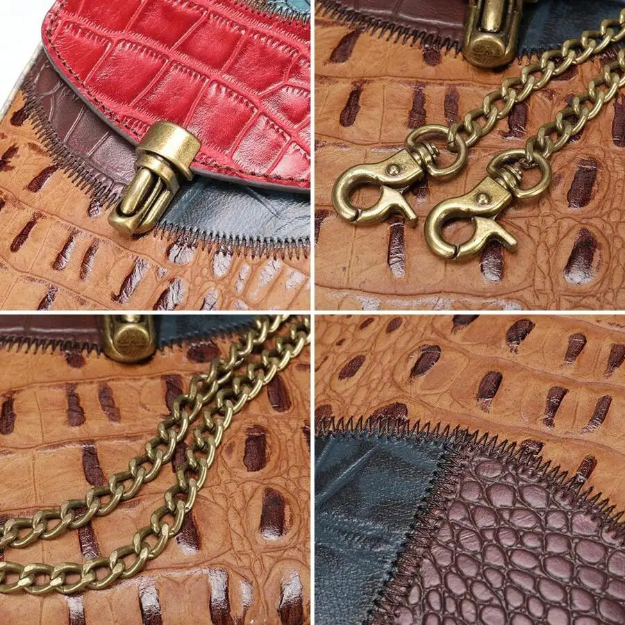 Genuine Leather Bag Female Niche New Ladies Crocodile Pattern Folk Style Shoulder Crossbody Personalized Casual Cowhide Splicing Chain Cell Phone Bag Commuter All Seasons-5