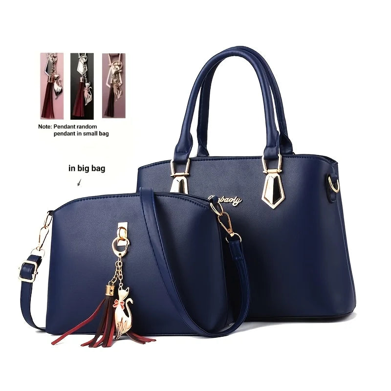 2Pcs Women Handbag Set Elegant Black PU Leather Large Capacity Tote Handbag Designer Small Crossbody Messenger Bag Ladies Wedding Party Shoulder Bags Gift For Women-9