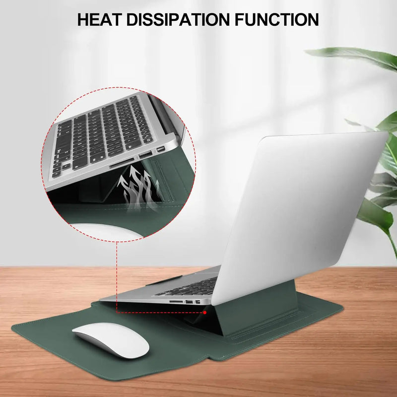 13-14" Laptop Sleeve Case with Adjustable Stand, Waterproof Leather, Green-12