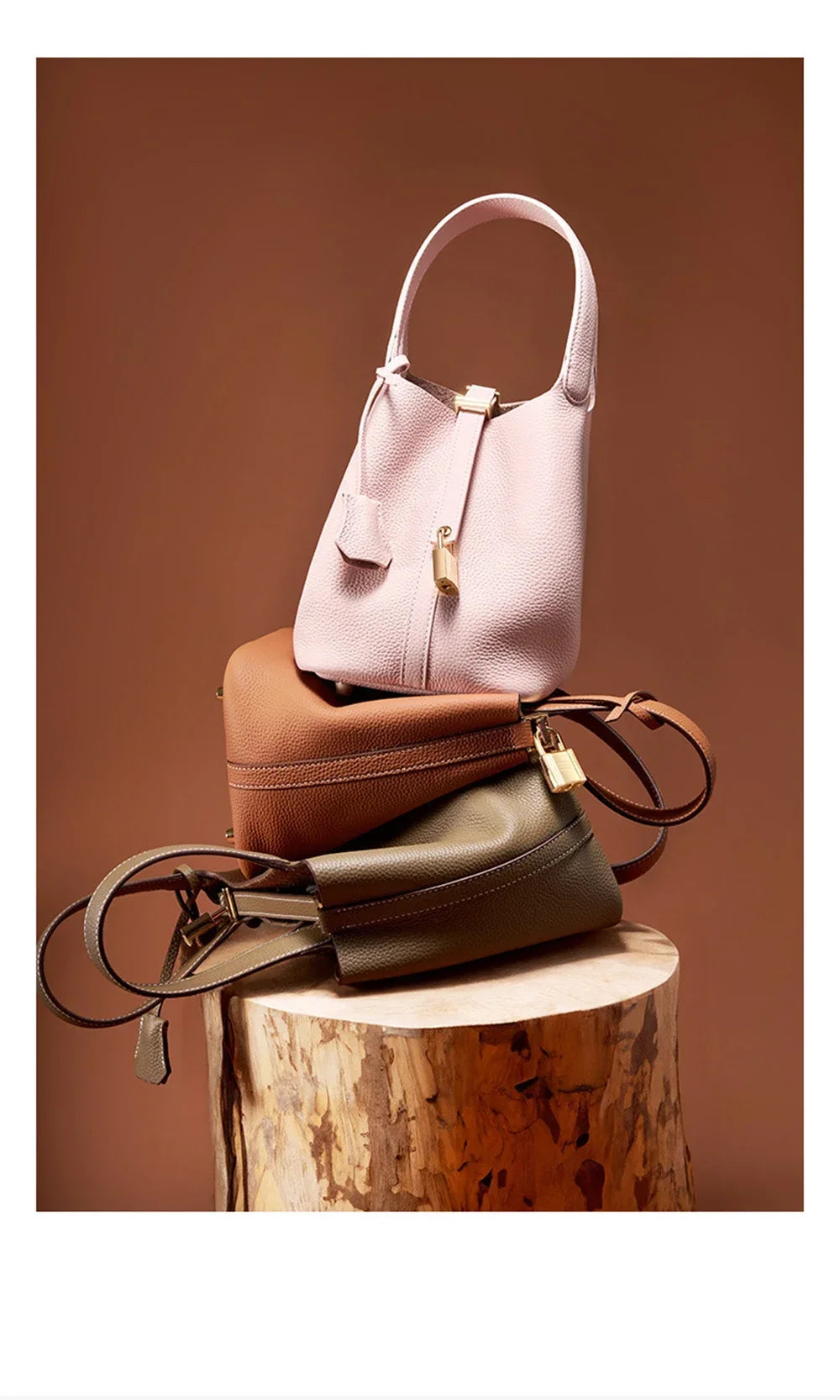 2025 Casual Fashion Female Genuine Leather Bucket Bag Luxury Handbag High-End Tote Bag Woman Cow Leather Mommy Bag & Metal Lock-26