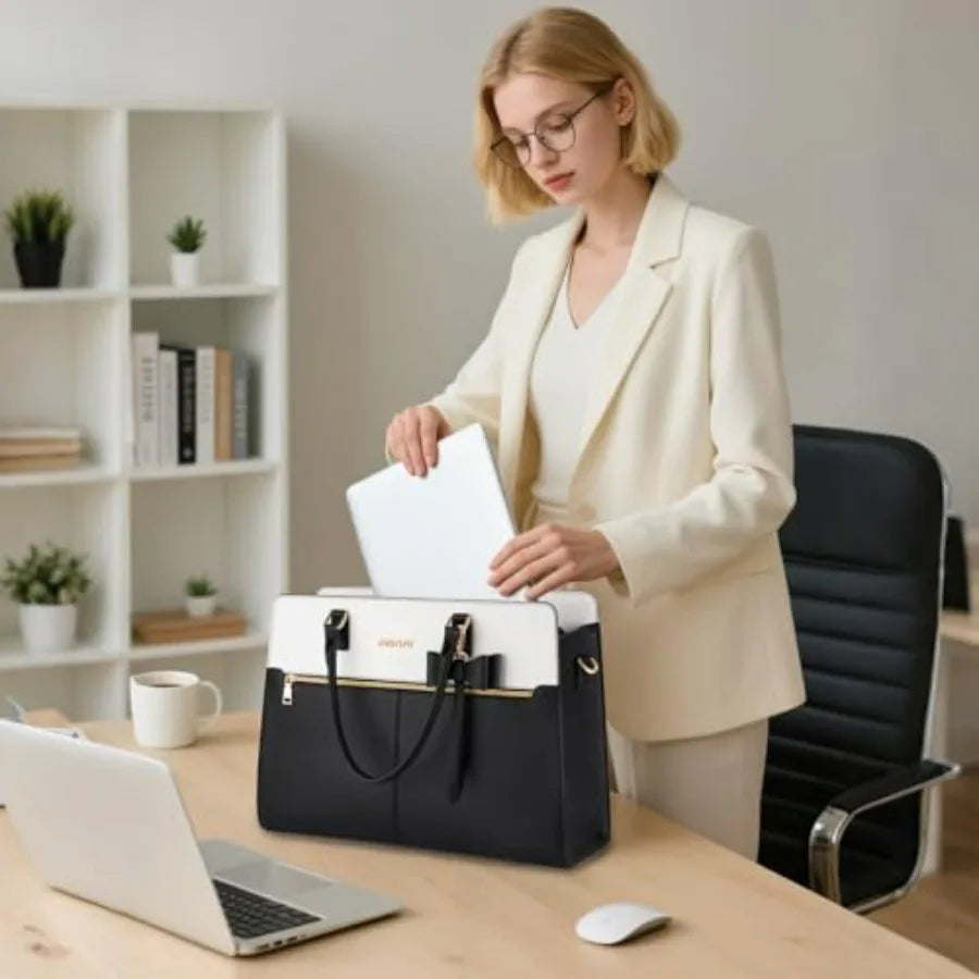 Laptop Tote Bag for Women, 15.6 inch Waterproof PU Leather Work Bag with Clutch Purse and Bowknot, Large Capacity Handbag Shoul-9