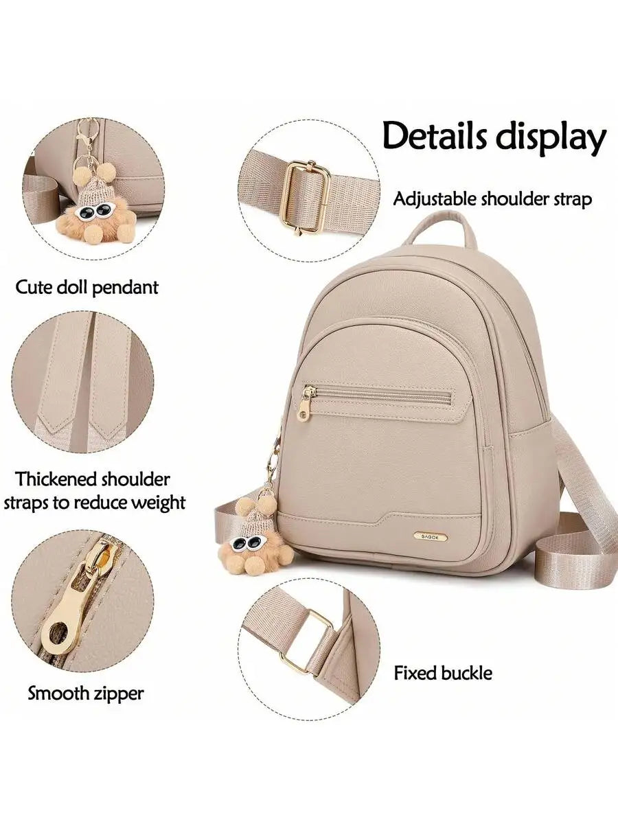 Mini PU Leather Backpack For Women With Doll Charm, Triple Zipper, Large Capacity, Casual Style-3