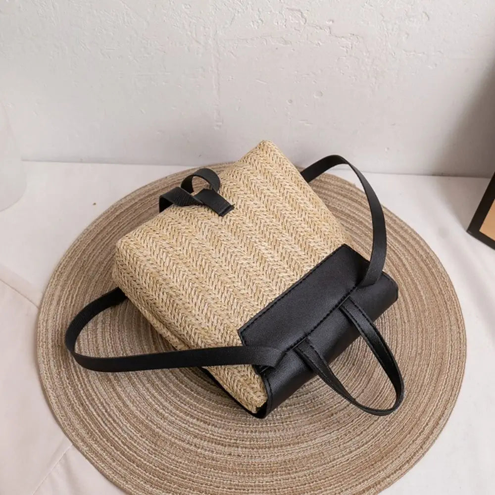 Fashion PU Leather Straw Backpack Retro Design Elegant Look Woven Backpack Luxury Vintage Style Satchel Bag All-match Style
