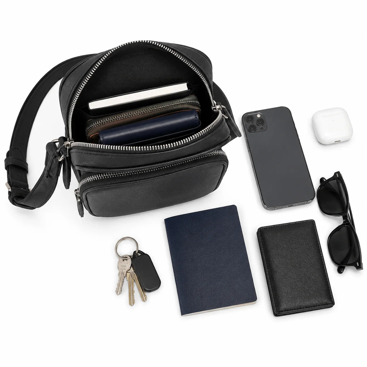 Luxury Men Small Crossbody Bag Designer Saffiano Leather Messenger Mini Square Sling Purse Business Phone Pouch Classic Black-4