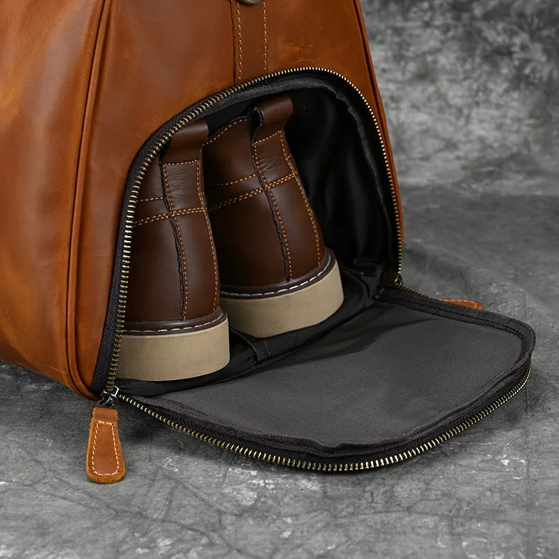 Crazy Horse Leather Real Leather Travel Bag Christmas Vacation Luggage Handbag Tote Bag Cowhide Real Leather with Shoe Compartment Travel Bag-18