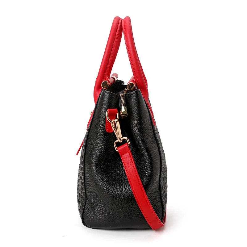 New Croc Texture Cowhide Tote Bag Women Red Contrast Handle Metal Lock Adjustable Crossbody Daily Handbag-4