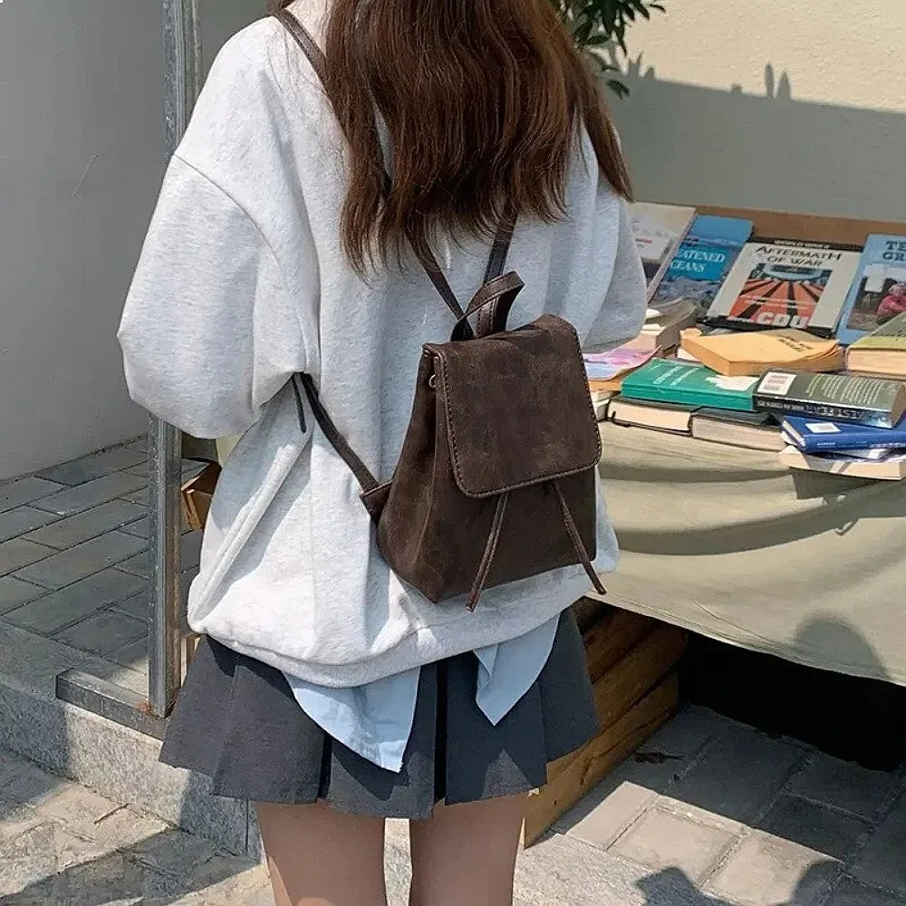 2025 Small Drawstring Flap Backpack Women Mini PU Leather Textured School Backpack Fashion Travel Commuter Bag Girl