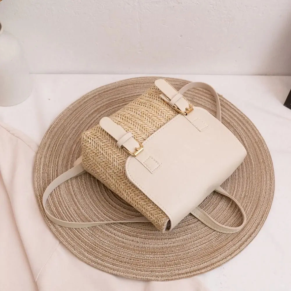 Fashion PU Leather Straw Backpack Retro Design Elegant Look Woven Backpack Luxury Vintage Style Satchel Bag All-match Style-14