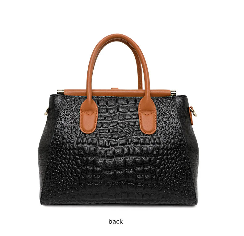 New Croc Pattern Cowhide Tote Bag Women Brown Contrast Handle Metal Lock Adjustable Crossbody Daily Handbag-17