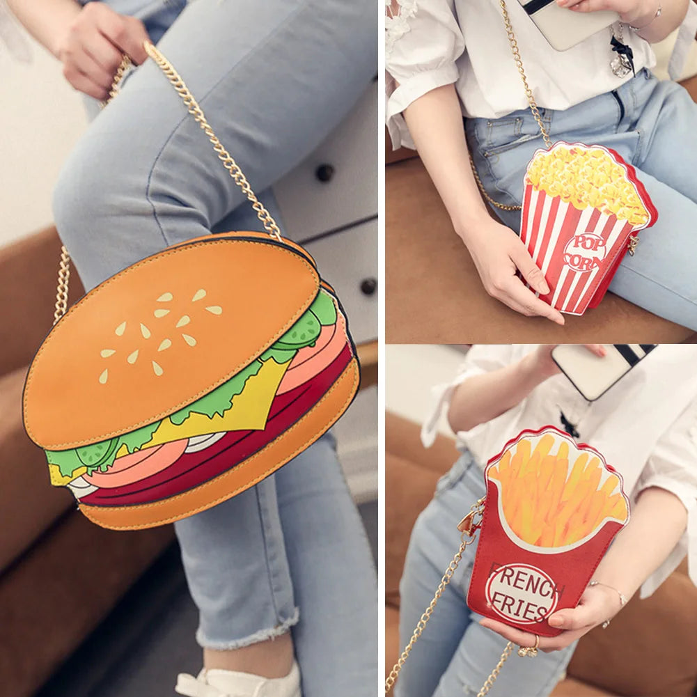 Woman Hamburger Cupcake PU Chain Bag Popcorn Fries Crossbody Messenger Bags-8