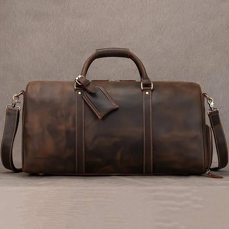 Crazy Horse Leather Real Leather Travel Bag Christmas Vacation Luggage Handbag Tote Bag Cowhide Real Leather with Shoe Compartment Travel Bag-11