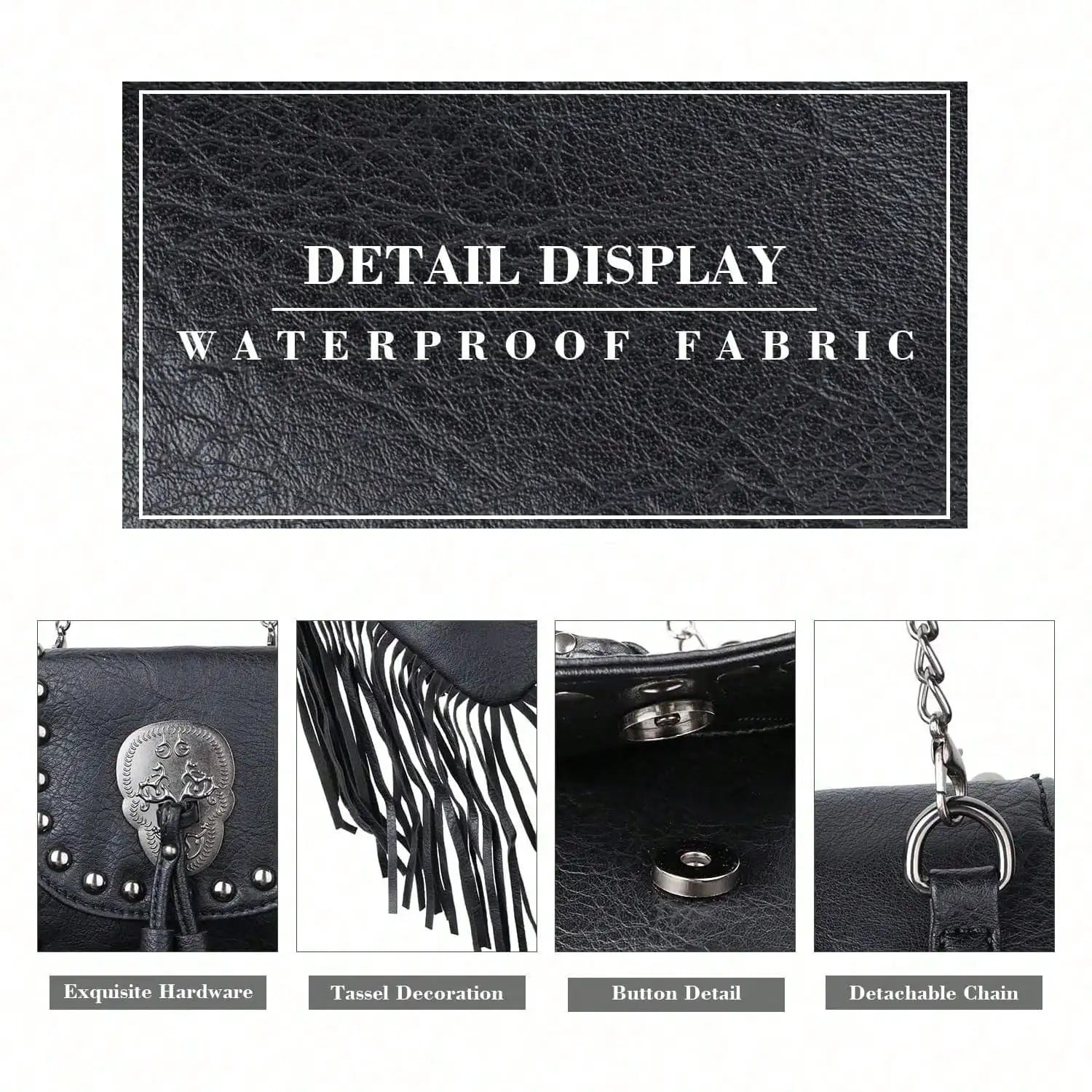 Gothic Punk Leather Skull Fringe Purses for Women Black Tassel Shoulder Crossbody Bag Unique Handbag with Skull Detailing-6