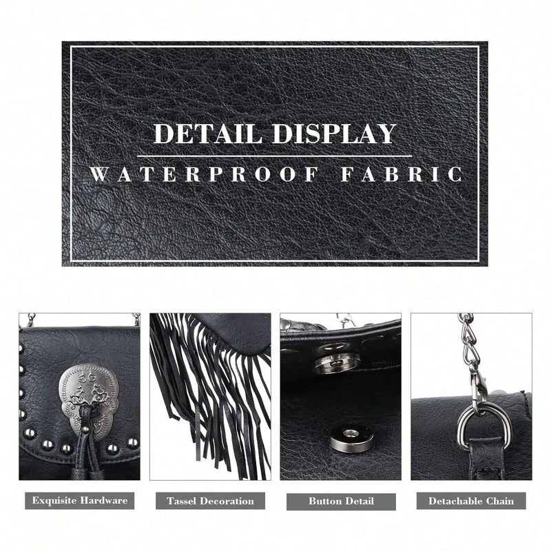 Gothic Punk Leather Skull Fringe Purses for Women Black Tassel Shoulder Crossbody Bag Unique Handbag with Skull Detailing-6