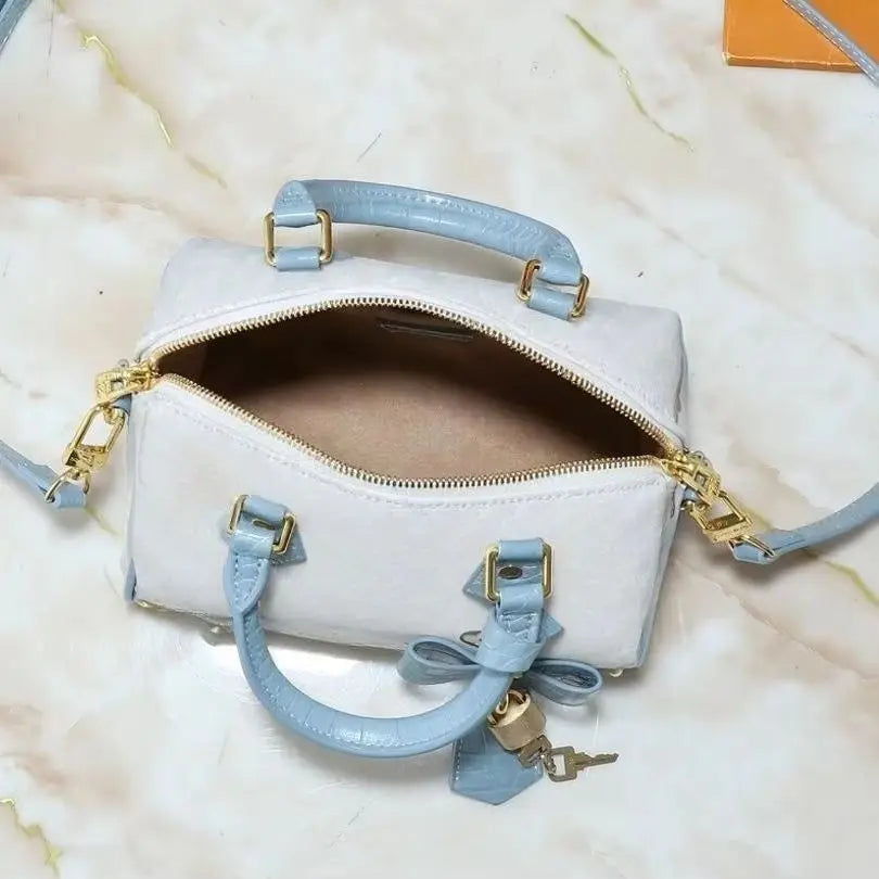 Two-Tone White Light Blue Croc Leather Mini Boston Bag, Bow Decor Gold Lock Key Rivet Detail Detachable Cross Strap Handbag.-3