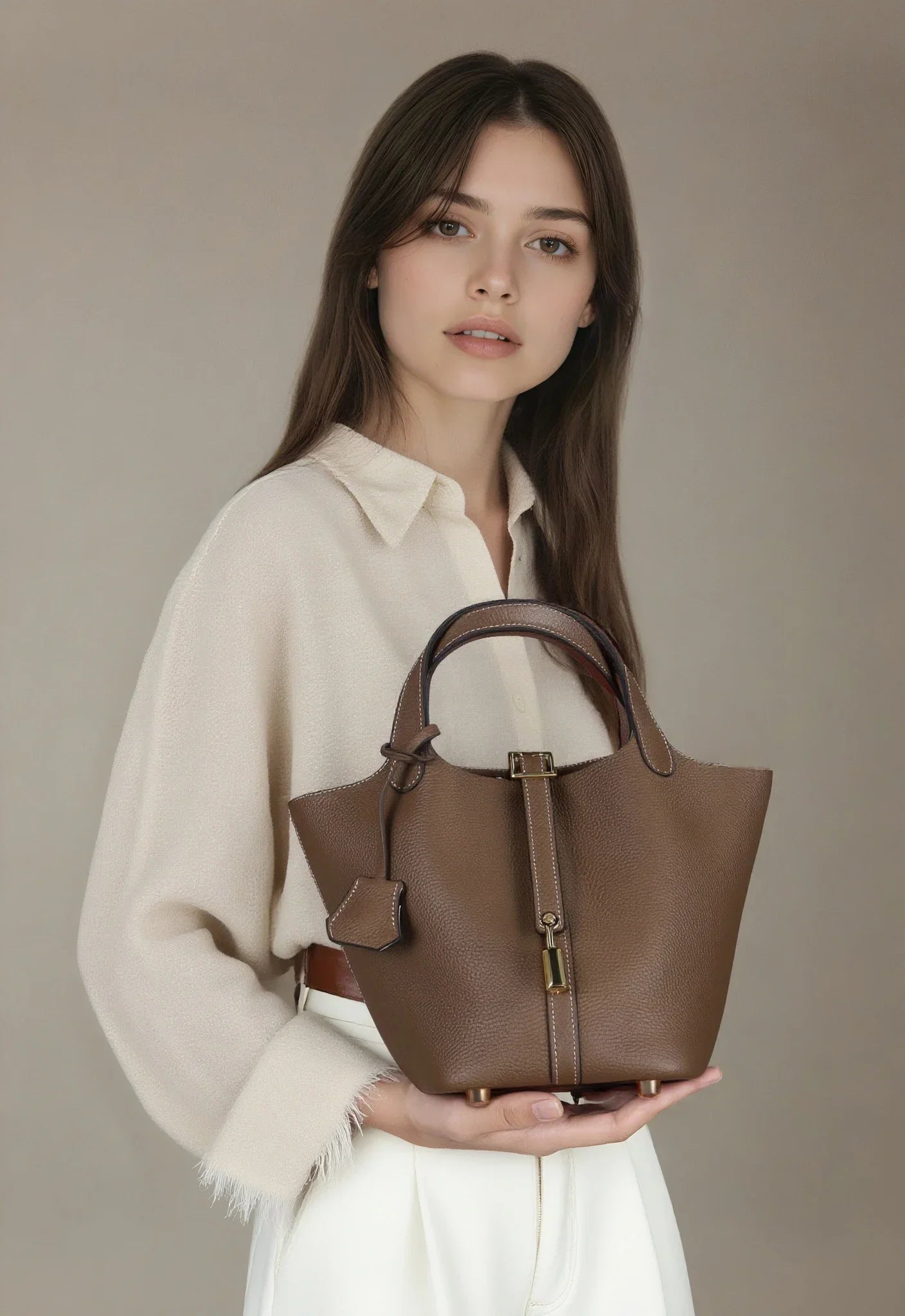 2025 Casual Fashion Female Genuine Leather Bucket Bag Luxury Handbag High-End Tote Bag Woman Cow Leather Mommy Bag & Metal Lock-1