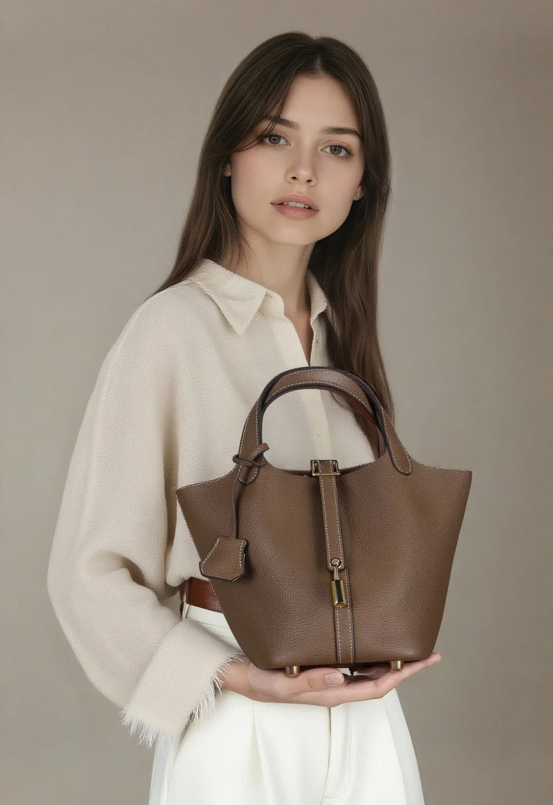2025 Casual Fashion Female Genuine Leather Bucket Bag Luxury Handbag High-End Tote Bag Woman Cow Leather Mommy Bag & Metal Lock-1