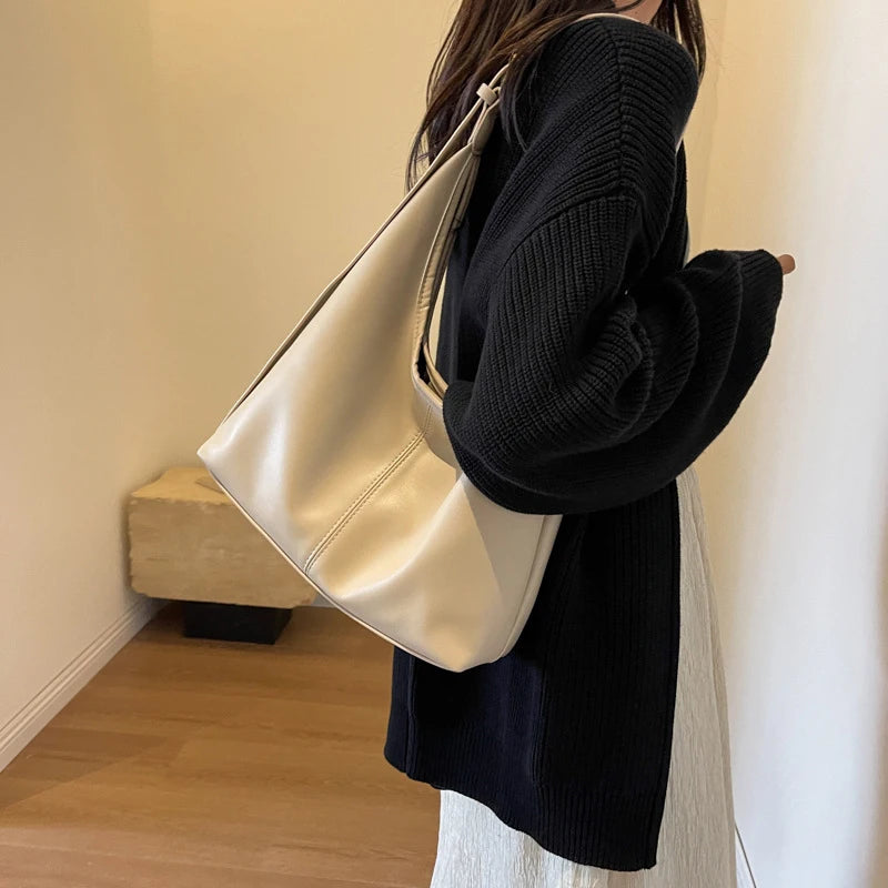 Women Hobo Bag Simple PU Leather Solid Shoulder Bag Fashion Large Capacity Tote Handbag Slouchy Underarm Bag-14