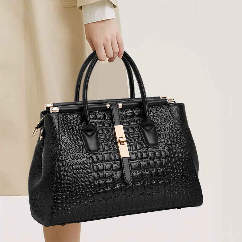 Classic Black Croc Print Cow Leather Handbag Ladies Metal Twist Lock Tote Bag With Detachable Crossbody Shoulder Strap-3