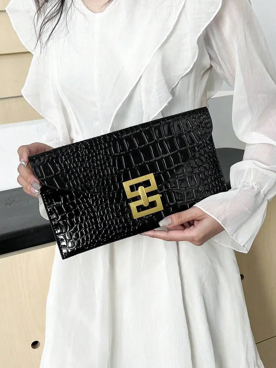 Red Crocodile Texture Clutch Bag With Gold Tone Lock Closure For Evening Party-3