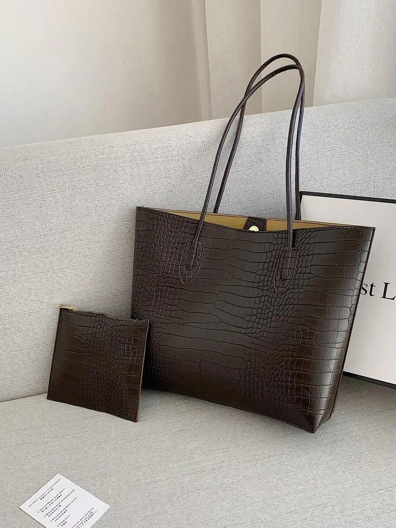 Lightweight Crocodile Embossed Tote Bag With Zipper Coin Purse For Women Business Casual Use-13