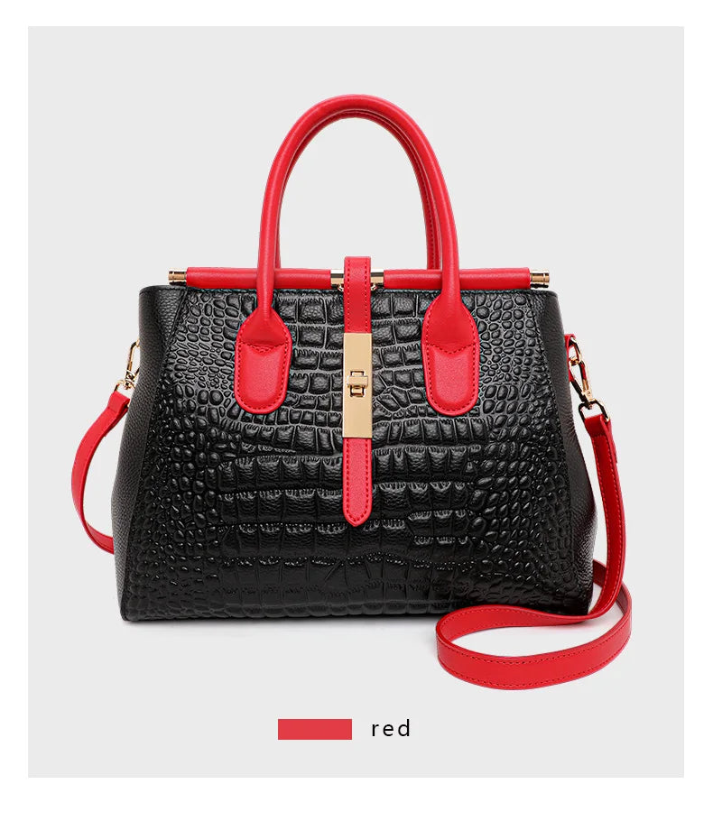New Croc Texture Cowhide Tote Bag Women Red Contrast Handle Metal Lock Adjustable Crossbody Daily Handbag-11