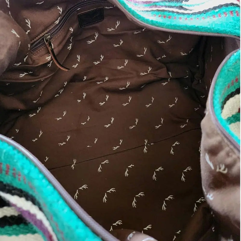 Large Southwestern Aztec Weekender Bag with Handwoven Leather Handles-12