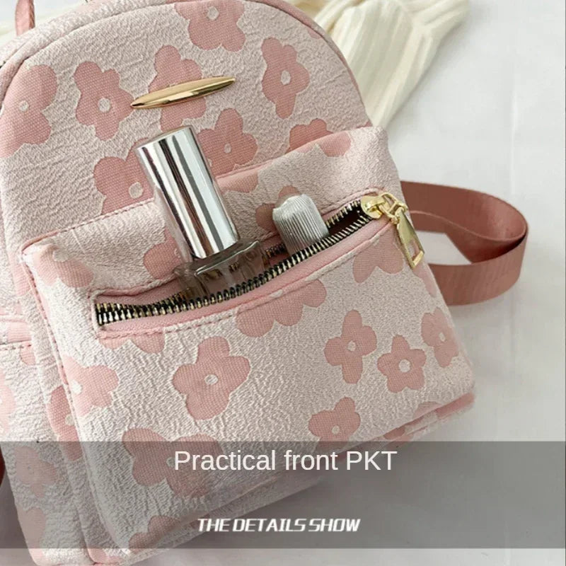Floral Mini PU Backpack Small Capacity Multi Function PU Leather Double Shoulder School Travel Young Ladies Soft Sweet Bag-4